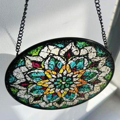 Bohemian Mandala Stained Glass Window Hanging Sun Catcher Indoor Outdoor Home Garden Panel Hangings Gift for Kits Adults (Green)