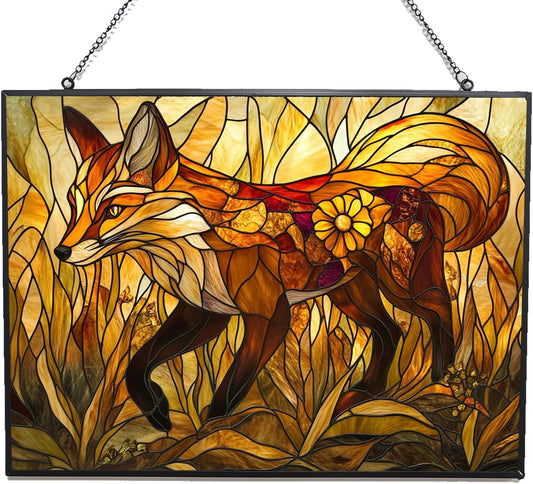 Personalized Rectangle Art Nouveau Golden Grass Fox Stained Glass Window Hangings, Handcrafted