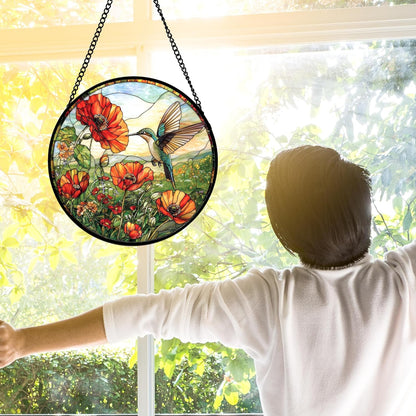 Stained Glass Window Hanging, Hummingbirds Orange Flowers Suncatcher Diamond Glass Panel Hangings Sun Catchers Decor for Birthday for Women, Men, Wife, Aunt, and Mom 7.8 in
