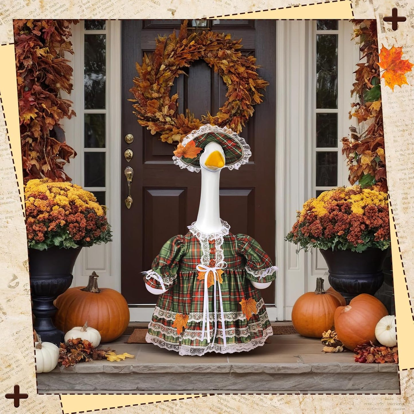 Suzile Fall Porch Goose Outfit Autumn Clothes for 23" High Cement or Plastic Goose Costume Plaid Dresses for Yard Lawn Outdoor Garden Patio Statue Thanksgiving Day Xmas Holiday Decor