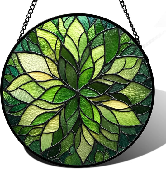 Stained Glass Window Hanging - Green Gradient Flowers Suncatcher for Doors Window Home Plant Sun