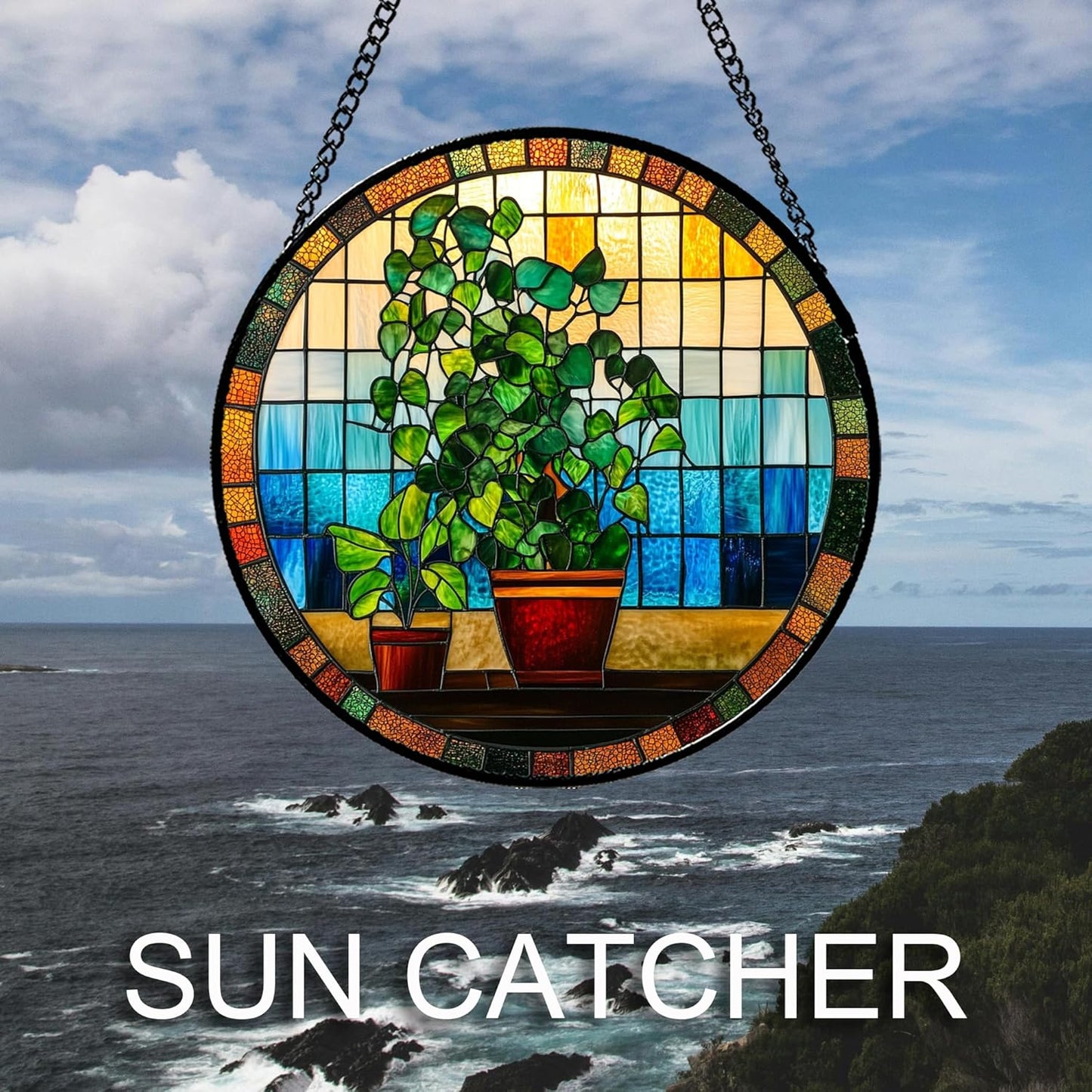 Stained Glass Window Hanging Green Potted Plants Large 11.8" - Suncatcher Door Garden Sun Catcher Retro Home Decor Birthday Christmas for Mom Men Woman Nana Friend