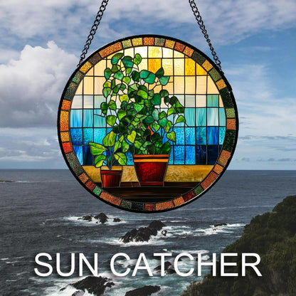 Stained Glass Window Hanging Green Potted Plants 9.8" - Suncatcher Door Garden Sun Catcher Retro Home Decor Birthday Christmas for Mom Men Woman Nana Friend