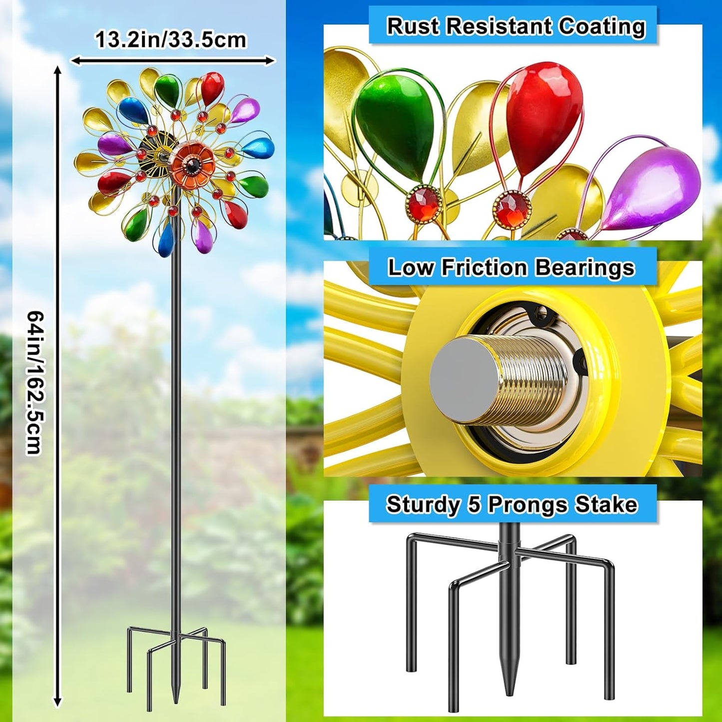 64 inch Garden Wind Spinner, Outdoor Wind Sculpture with 5 Prong Base Stand, Metal Windmill for Lawn Yard Outdoor Art Decorations (B-Colorful)