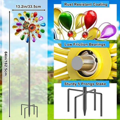 64 inch Garden Wind Spinner, Outdoor Wind Sculpture with 5 Prong Base Stand, Metal Windmill for Lawn Yard Outdoor Art Decorations (B-Colorful)