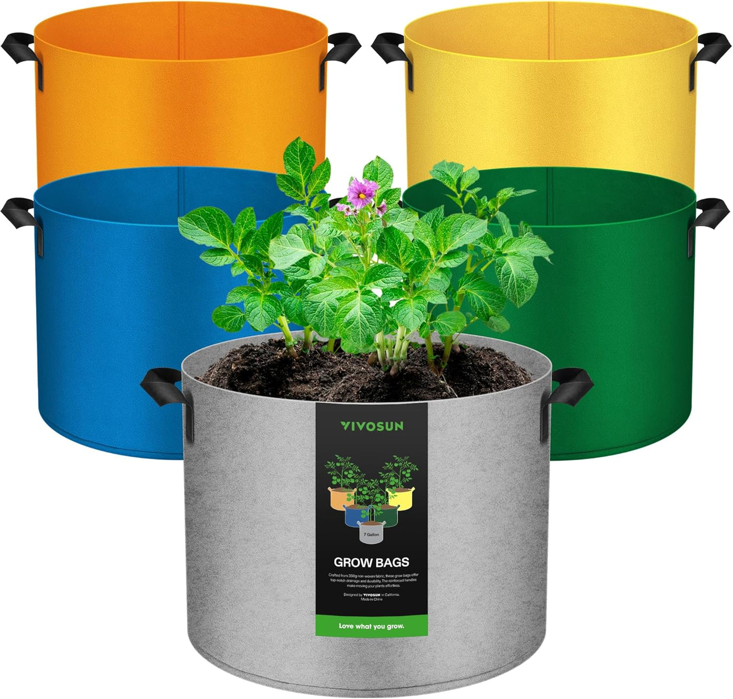 VIVOSUN 5-Pack 7-Gallon Colored Grow Bags, 350G Thick nonwoven Fabric Pots with Handles for Flowers, Fruits and Vegetables