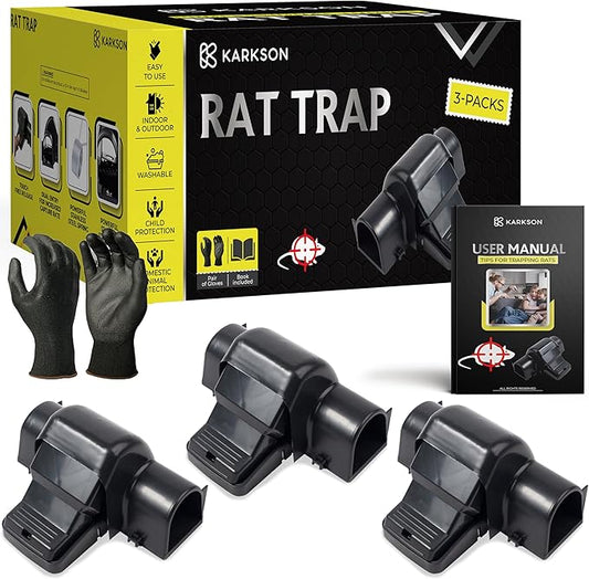 Rat Trap Set - 3 Packs + Gloves - Fast Kill Indoor & Outdoor Solution for Large Rats & Mice - User Manual for Easy Setup - Ultimate Choice