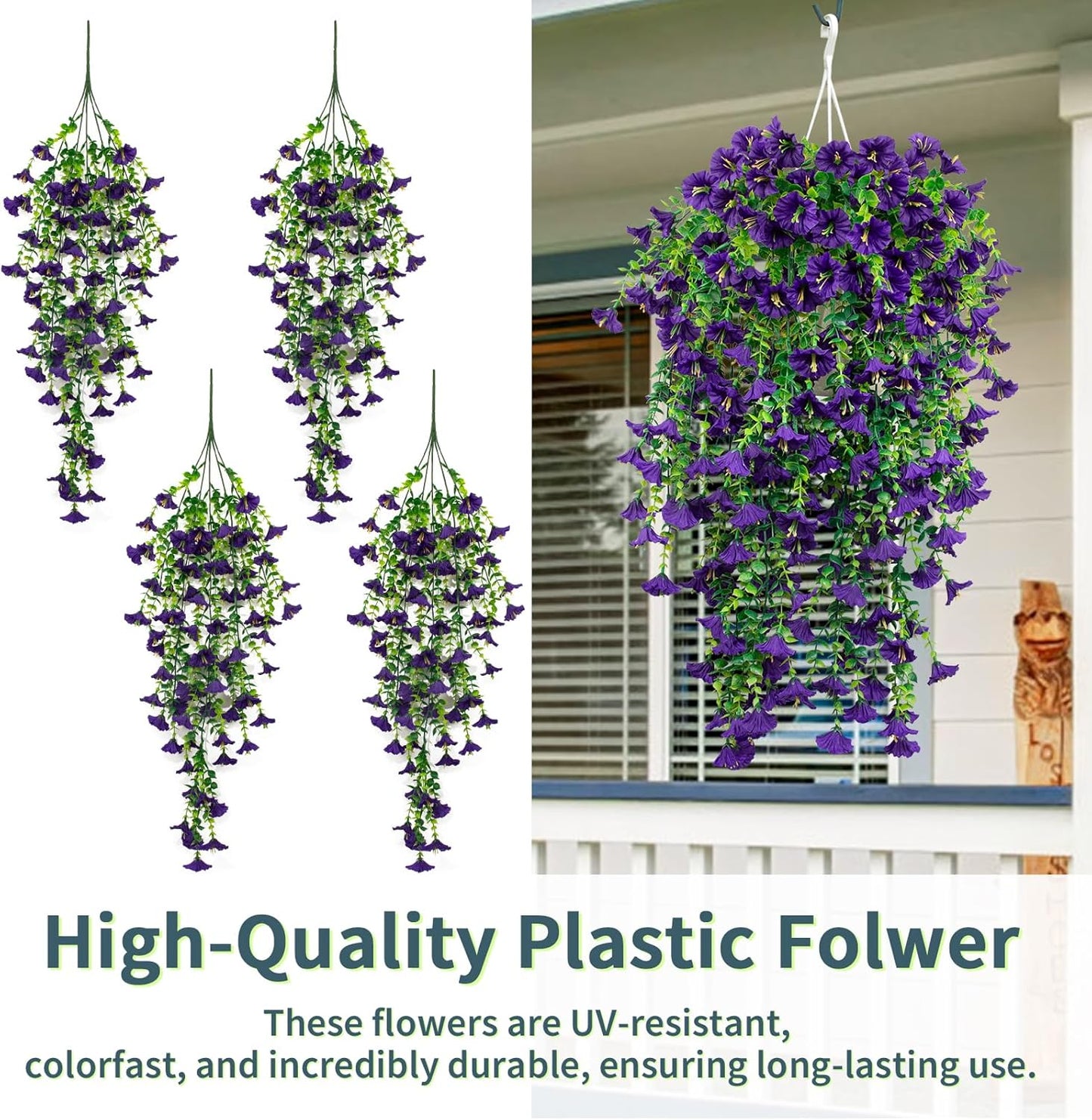 4 Pack Artificial Faux Hanging Flowers Plant for Outdoor, Fake Silk Morning Glory with Eucalyptus UV Resistant Realistic Trailing Vine for Wall Home Porch Patio Balcony Yard Indoor Decor, Purple