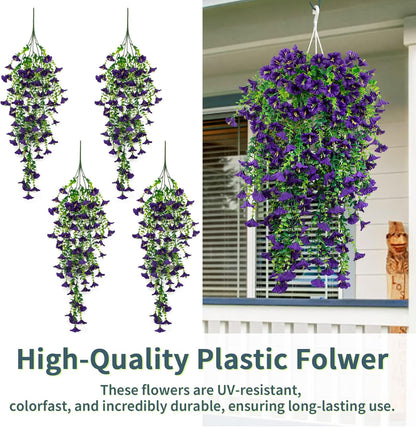 4 Pack Artificial Faux Hanging Flowers Plant for Outdoor, Fake Silk Morning Glory with Eucalyptus UV Resistant Realistic Trailing Vine for Wall Home Porch Patio Balcony Yard Indoor Decor, Purple