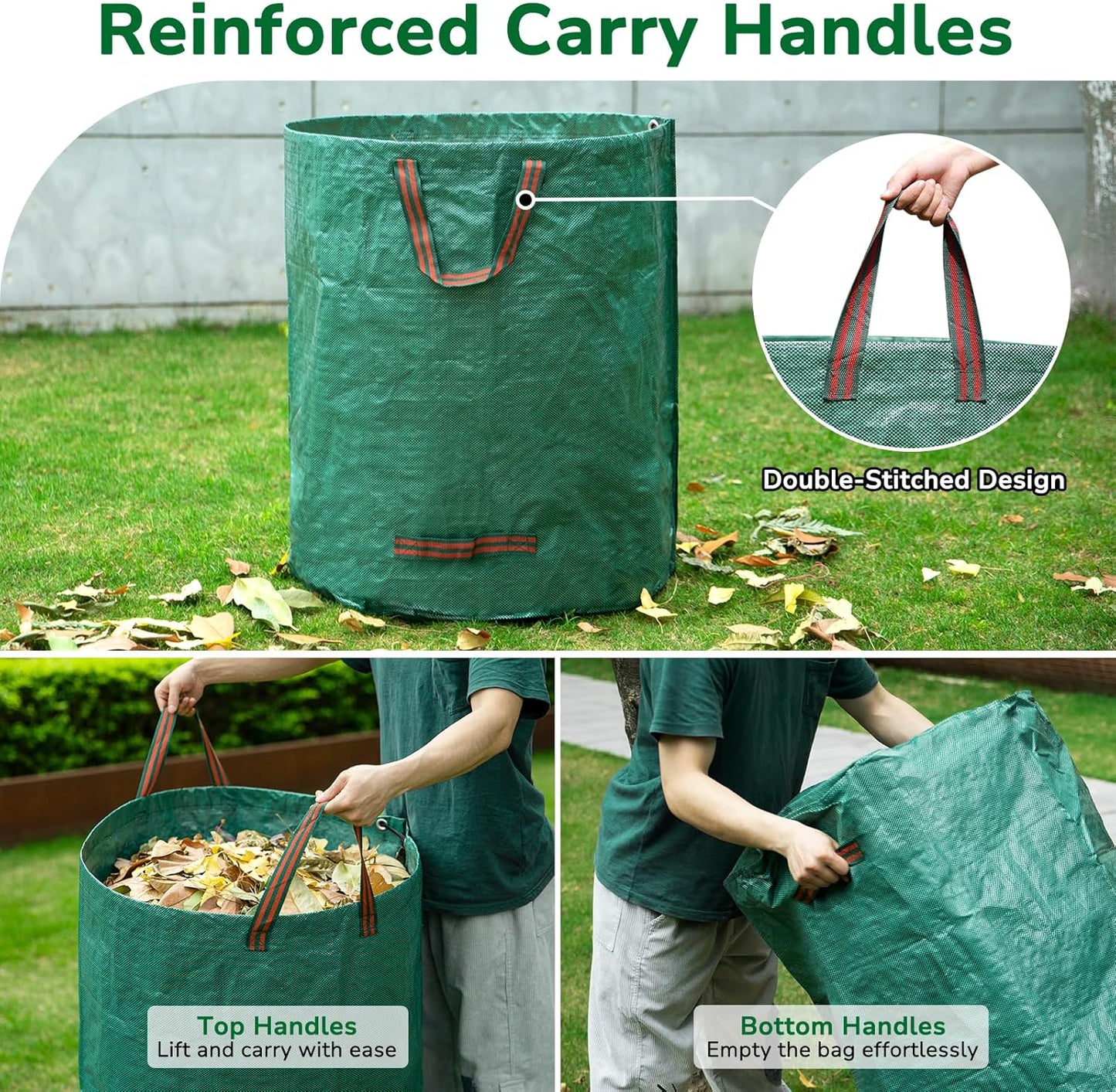 GreatBuddy 72 Gallon Reusable Yard Waste Bag,Heavy Duty,3 Pack Upright Lawn Bags with 4 Reinforced Handles for Garden Leaves and Waste Collection,Lightweight and Portable
