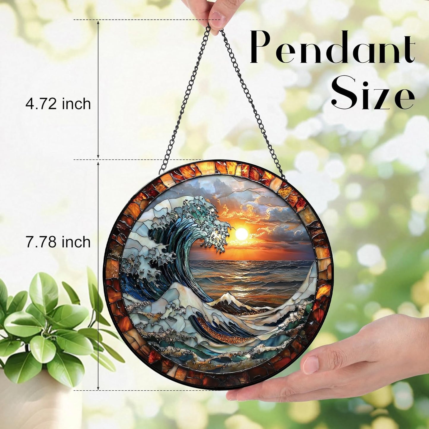 The Ocean Waves and The Sunrise Suncatcher -7.9 in Stained Glass Window Hanging Sun Catcher Garden Decor