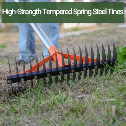 Thatch Rake for Lawns 18 Sharp Tempered Spring Steel Tines Dethatcher Rake Heavy Duty Dethatching Rakes with 62.5" Adjustable Stainless Steel Handle for Lawn Care，Dead Grass, Garden, Yard