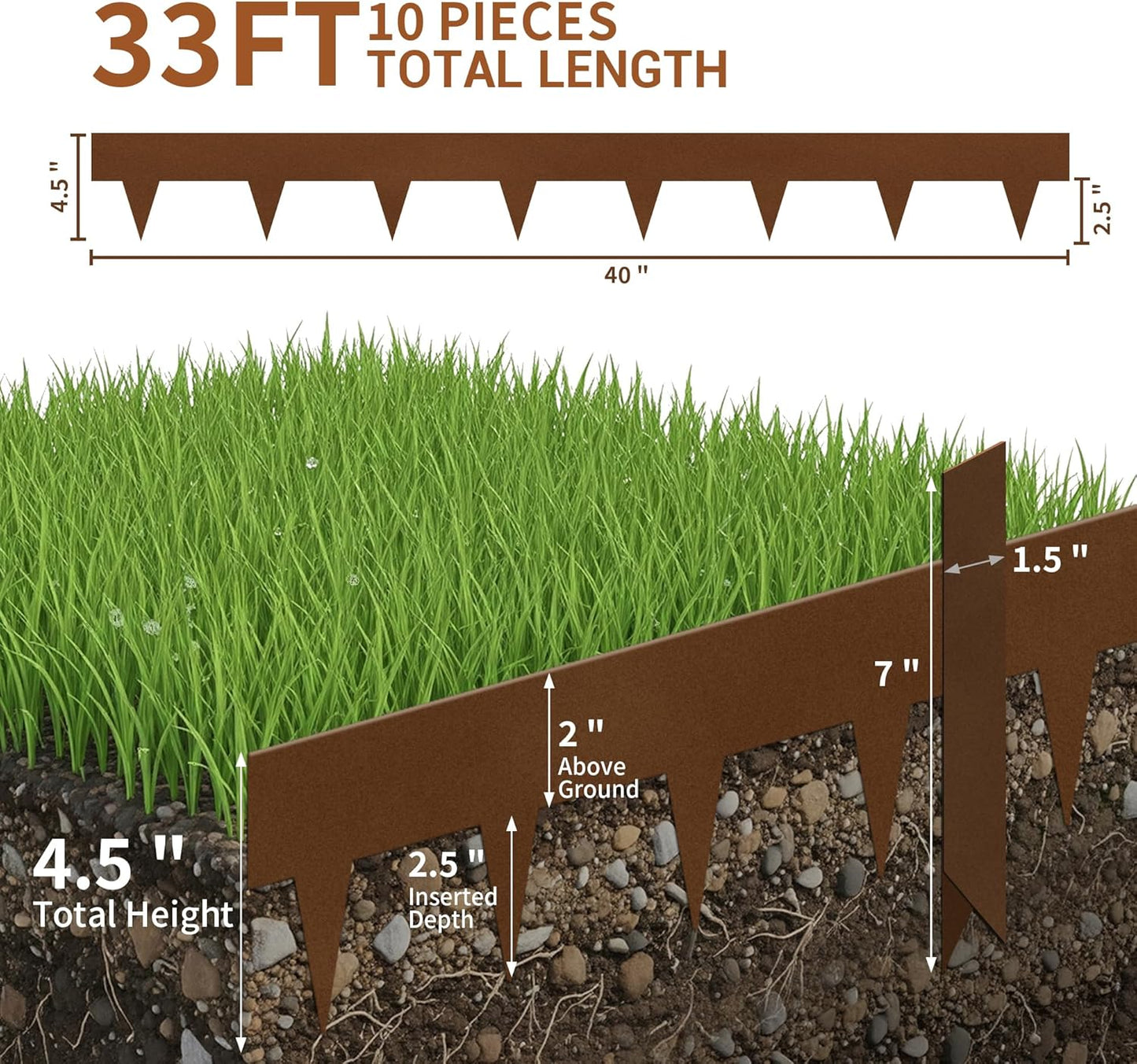 Worth Garden 33ft. Galvanized Steel Landscape Edging - 10-Pack 40" Metal Edging for Landscaping with 11 Stakes, Bronze Powder Coating Hammer-in Lawn Edging for Yard Pathway Divider