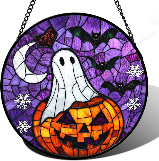 Stained Glass Window Hanging Halloween Horror Pumpkin 11.8" - Suncatcher Door Garden Sunroom Gothic
