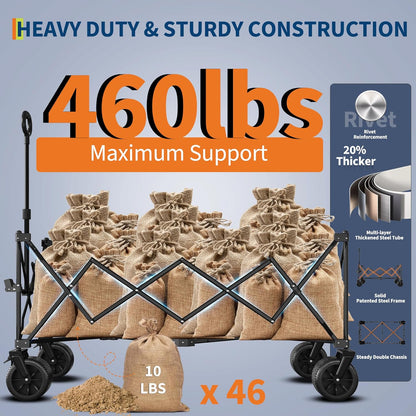 52" Foldable Wagon for Beach with 460LBS Weight Capacity, Heavy Duty 350L Extra Large Collapsible Foldable Wagon for Camping, All Terrain Beach Wagons Extended with Cup Holders for Sand