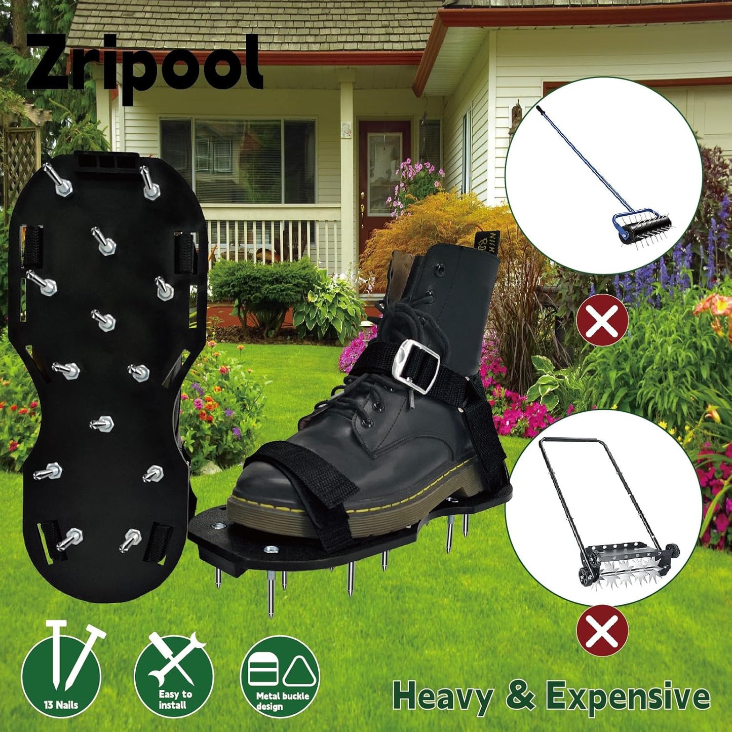 Lawn Aerator Shoes, Upgrade Heavy Duty Spike Shoes Lawn Aerating with Hook&Loop Straps, Free-Installation yard aerator spike , One-Size-Fits-All Soil Aerator lawnTool for Yard Patio Lawn Garden(Black)