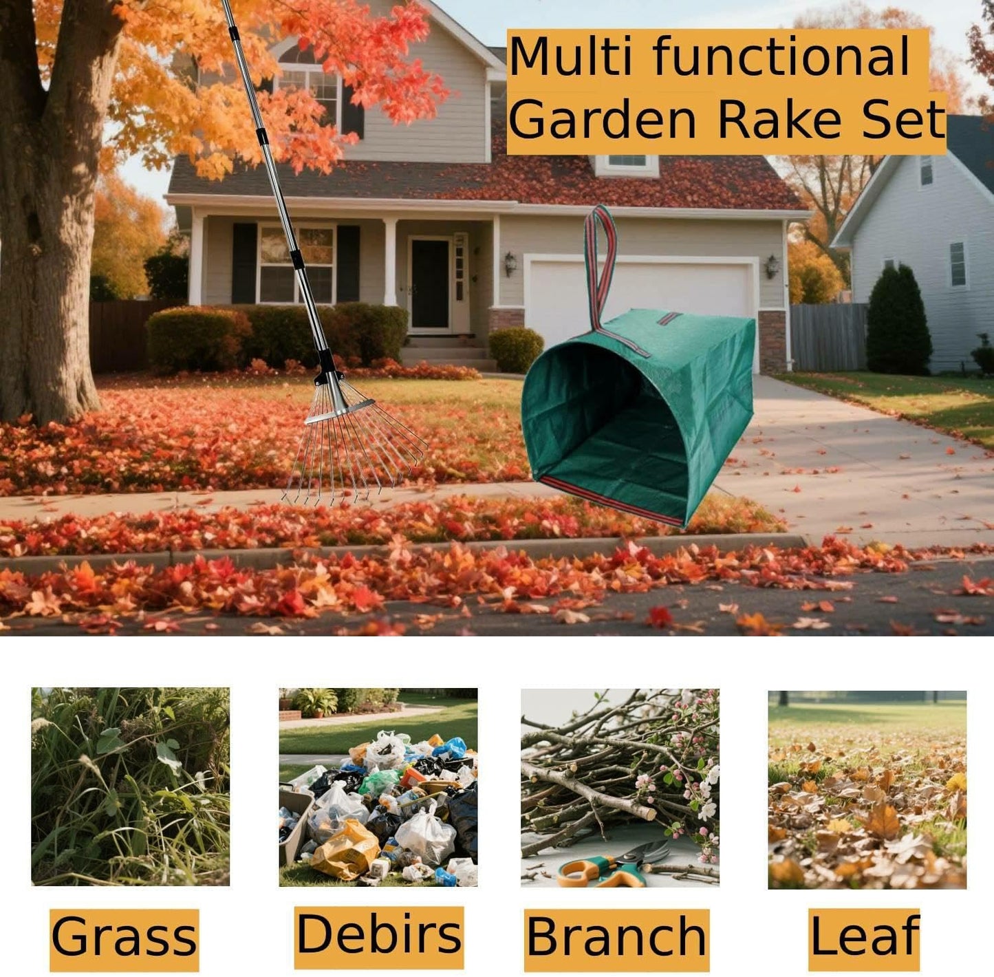 Leaf Rake for Lawns with 53 Gallon Dustpan-Type Leaf Bags,Heavy Duty Metal Garden Yard Rake Long Handle with Expandable Head 7-14" for Gardening Outdoor Camping Shrub Grass Bush Weed