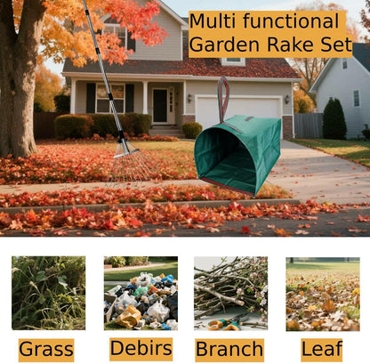 Leaf Rake for Lawns with 53 Gallon Dustpan-Type Leaf Bags,Heavy Duty Metal Garden Yard Rake Long Handle with Expandable Head 7-14" for Gardening Outdoor Camping Shrub Grass Bush Weed