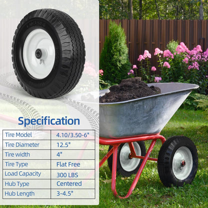 4.10/3.50-6 Flat Free Tire and Wheel, with 3"-3.5''-4.0''-4.5'' Centered Hub, and 3/4" & 5/8" Bearings, Replacement for Wheelbarrow, Hand Truck/All Purpose Utility Tire on Wheel, (2 Pack)