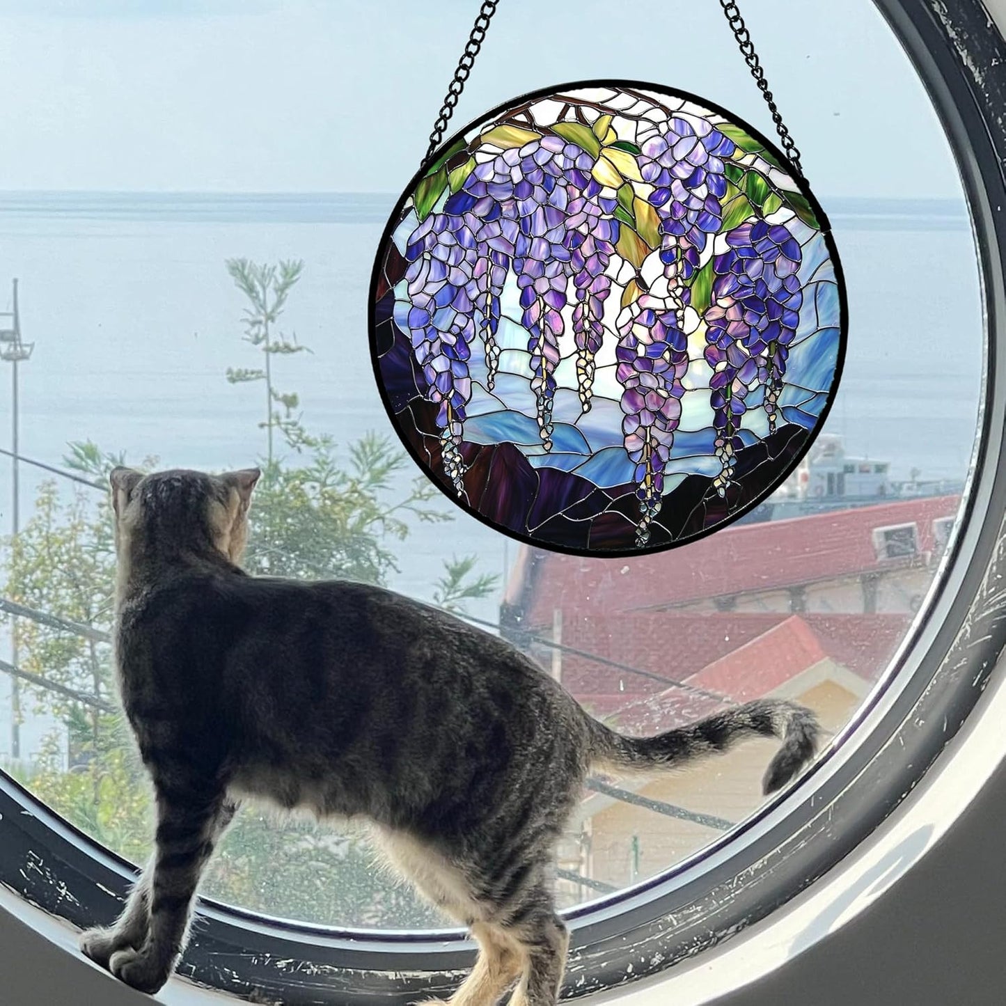 Stained Glass Window Hanging, Wisteria Flower Sun Catcher for Door Home Decor Purple and Blue Suncatcher Christmas Mother's Day Birthday Gifts for Women Men Mom and Nana 7.8 in