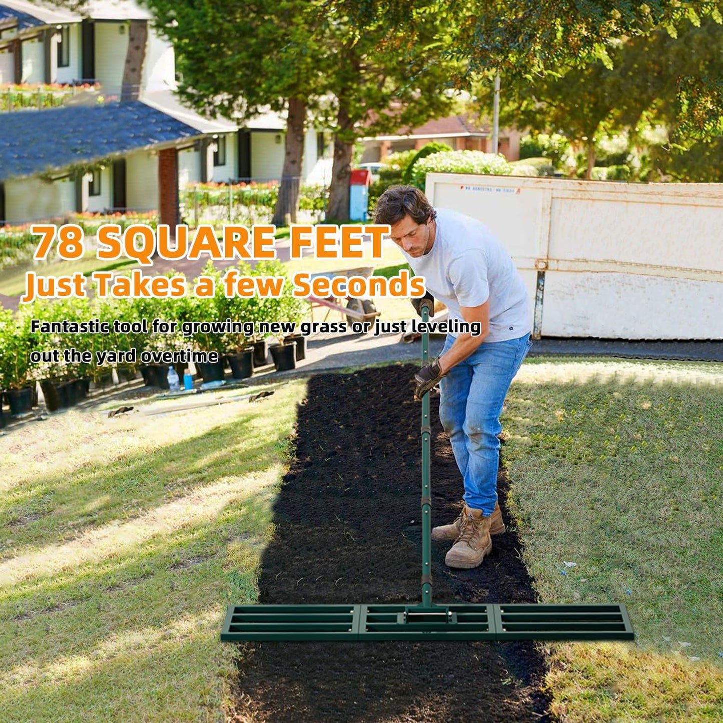 Lawn Leveling Rake Heavy Duty Stainless Steel Lawn Leveler Tool 45”x10” with 78” Adjustable Long Handle Yard Level Rake for Soil, Ground,Backyard Dressing,Golf Field,Garden Tools Grass Seed