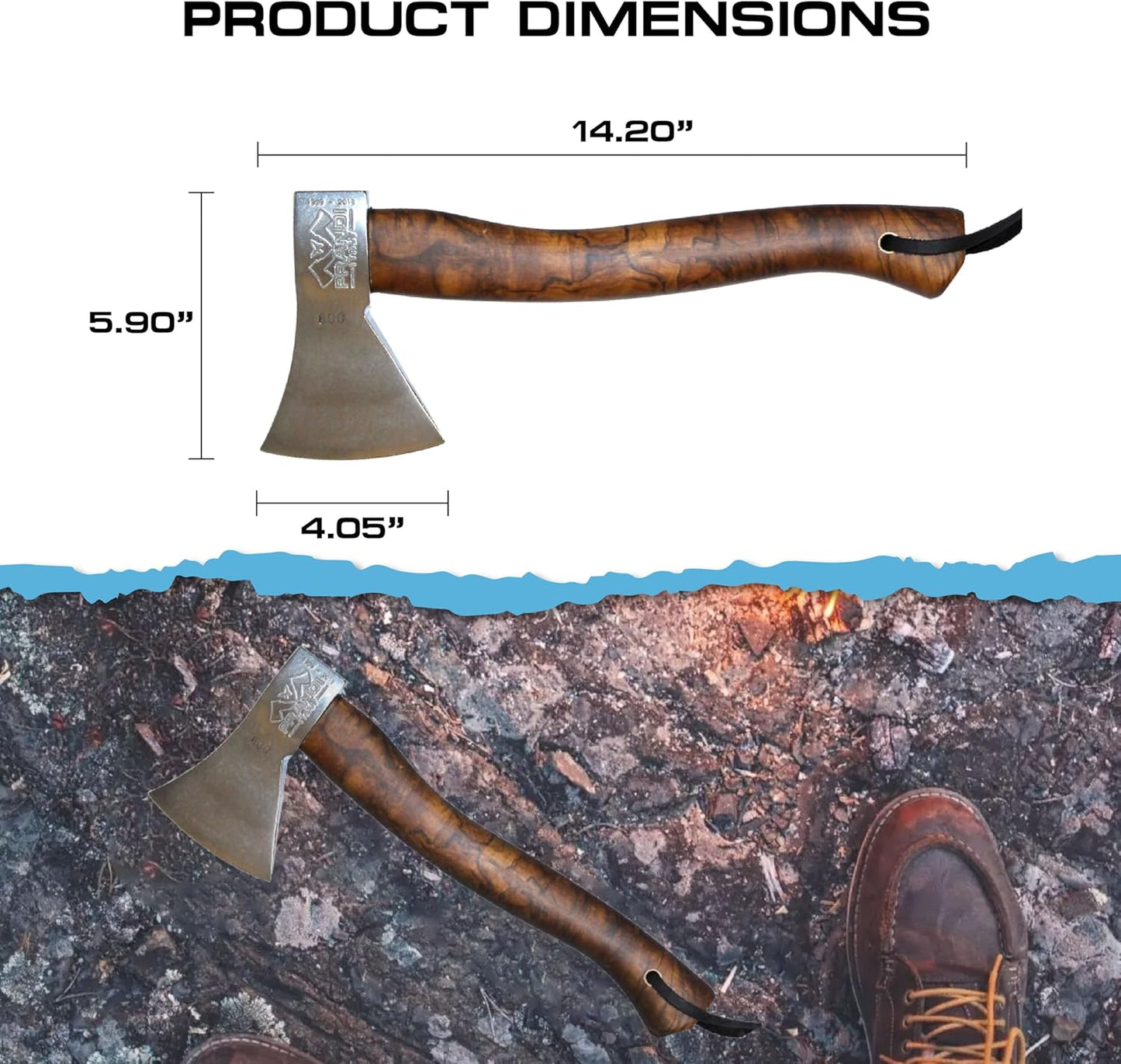 Prandi Axes German C45 Forged Carbon Steel Hatchet - Briar Hickory Handle with Leather String - Ideal for Camping, Travel and Bushcraft - 14" L x 6" W, 600g Polished Head 3.003.06.AH - No Sheath