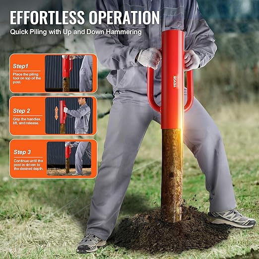 VEVOR Fence Post Driver with Handles, 2.7 in Inner Diameter T Post Pole Pounder, 14LB Heavy Duty Carbon Steel Hand Post Rammer, Farm Fencing Hole Digger for U Channel, Sign Pole, Wooden Post, Red