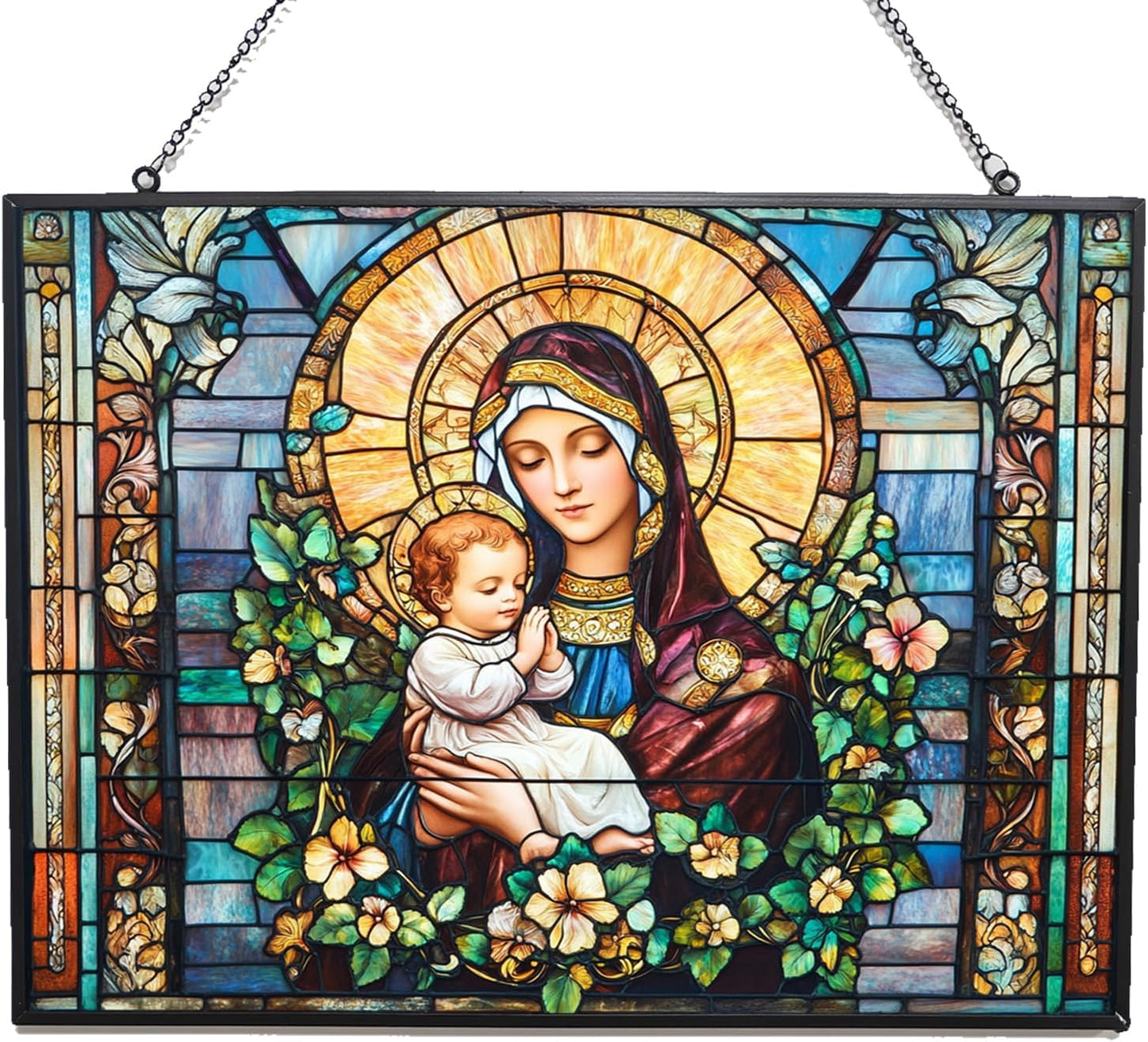 Personalized Rectangle Art Nouveau Madonna and Child Stained Glass Window Hangings Stained Glass Suncatcher Birthday Gift for Mom Grandma Teacher Women Friend Memorial Hook