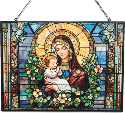 Personalized Rectangle Art Nouveau Madonna and Child Stained Glass Window Hangings Stained Glass Suncatcher Birthday Gift for Mom Grandma Teacher Women Friend Memorial Hook