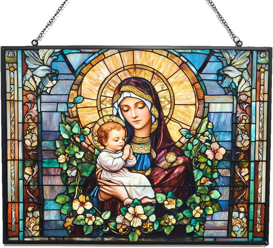 Personalized Rectangle Art Nouveau Madonna and Child Stained Glass Window Hangings Stained Glass