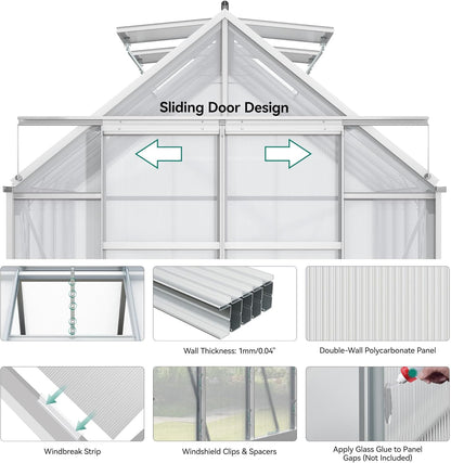 YITAHOME 10x8FT Polycarbonate Greenhouse Large Heavy Duty Green Houses Outdoor Aluminum Greenhouses with Sliding Doors Vent Window Walk-in Greenhouse for Garden Backyard, Matte Silver
