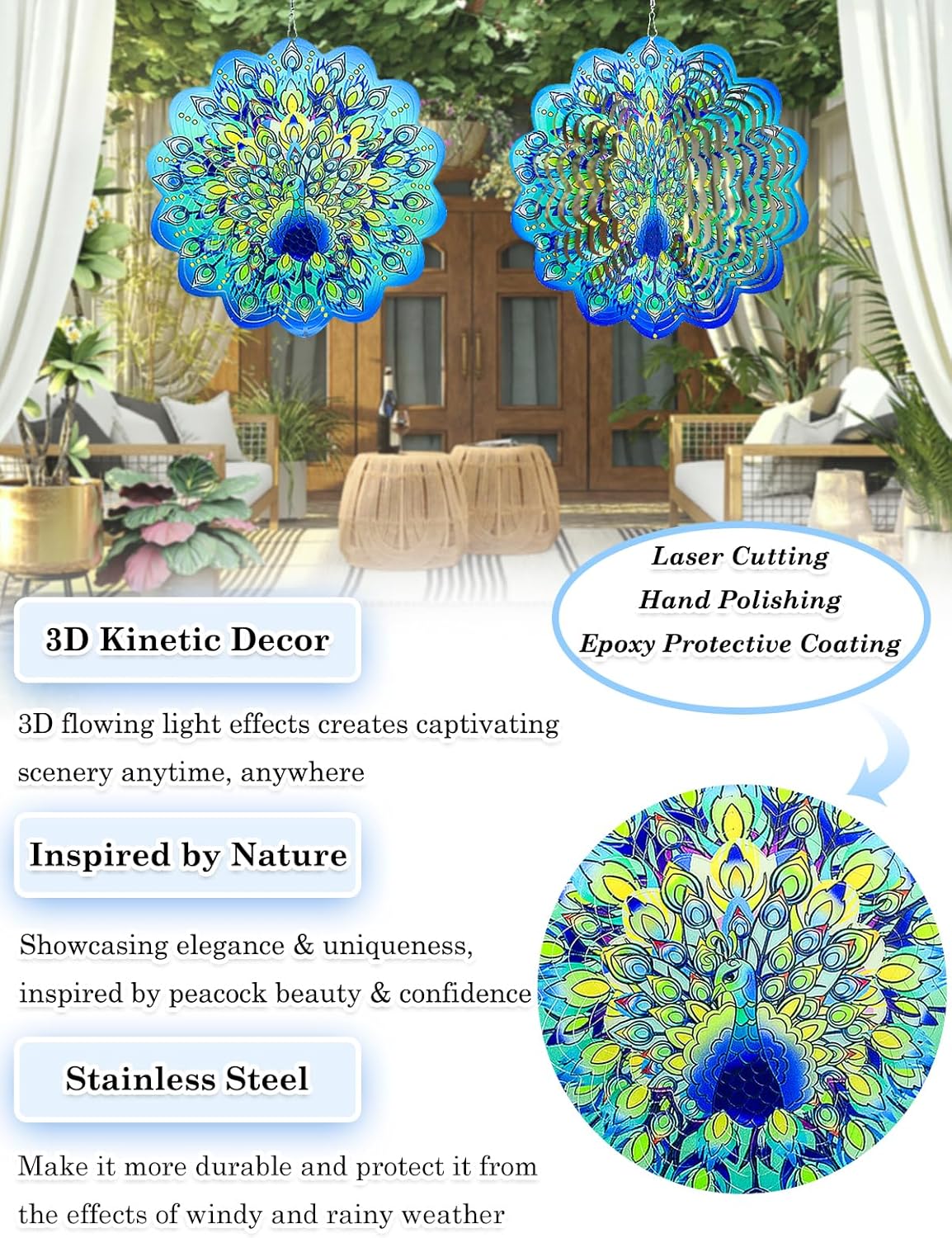 Peacock Wind Spinners Outdoor Hanging Decor - 12 Inch Peacock Garden Decor for Outside, 3D Stainless Steel Metal Wind Spinners, Yard Decorations Outdoor Gardening Gifts for Women