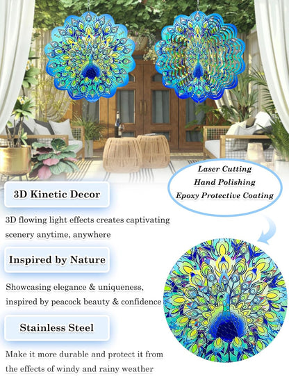 Peacock Wind Spinners Outdoor Hanging Decor - 12 Inch Peacock Garden Decor for Outside, 3D Stainless Steel Metal Wind Spinners, Yard Decorations Outdoor Gardening Gifts for Women