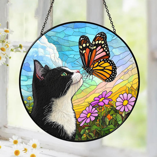 Tuxedo Cat Gifts, Black & White Cat Memorial Suncatcher Gift for Loss of Cats, Butterfly Stained