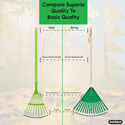 Rakes with Hardwood Handle, Durable Plastic Head to Sweep Leaves in Lawn and Tidying Up The Garden, 34" (Green), 6 Pack