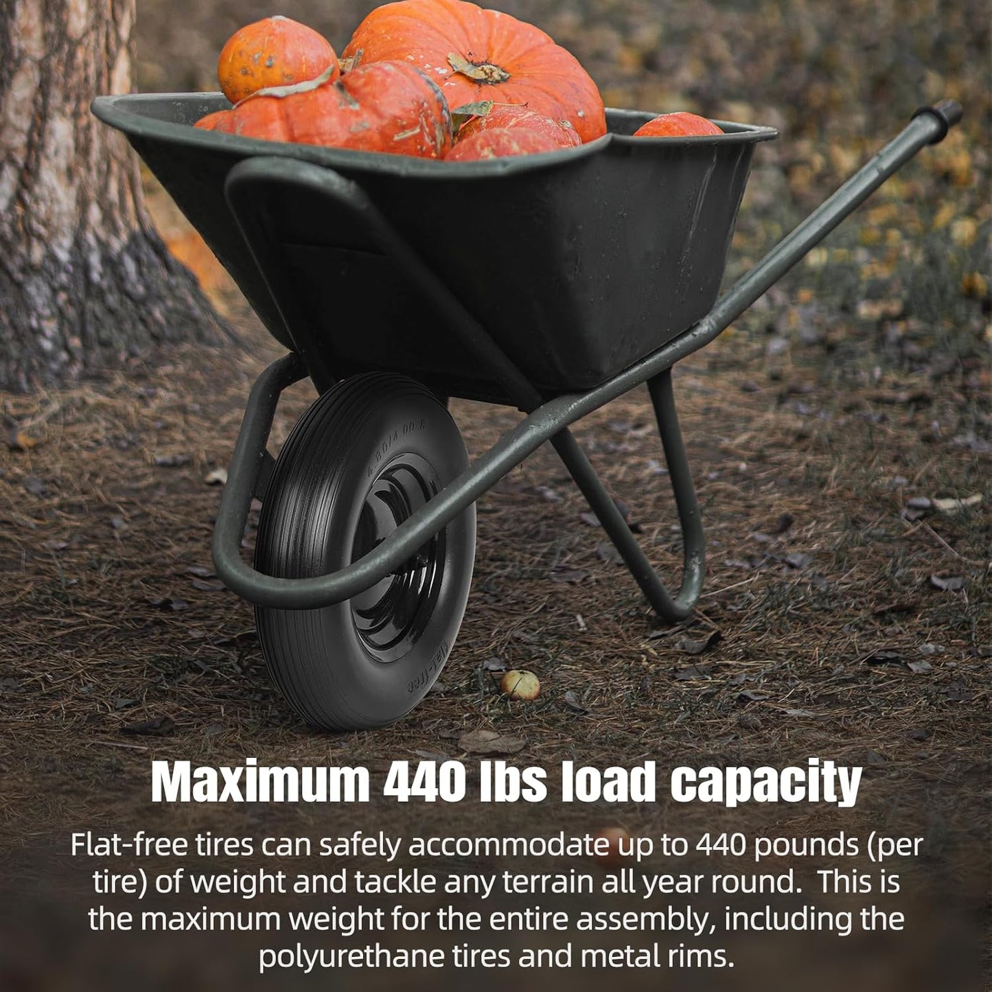 4.80/4.00-8" Flat Free Tire and Wheel - 16 Inch Solid Rubber Wheelbarrow Tires with 5/8" and 3/4" Ball Bearings, 3" Centered Hub (Extra Adapter kit includes Bearing, 1" and 1/2" Nylon Spacers)