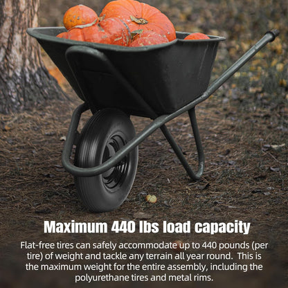 4.80/4.00-8" Flat Free Tire and Wheel - 16 Inch Solid Rubber Wheelbarrow Tires with 5/8" and 3/4" Ball Bearings, 3" Centered Hub (Extra Adapter kit includes Bearing, 1" and 1/2" Nylon Spacers)
