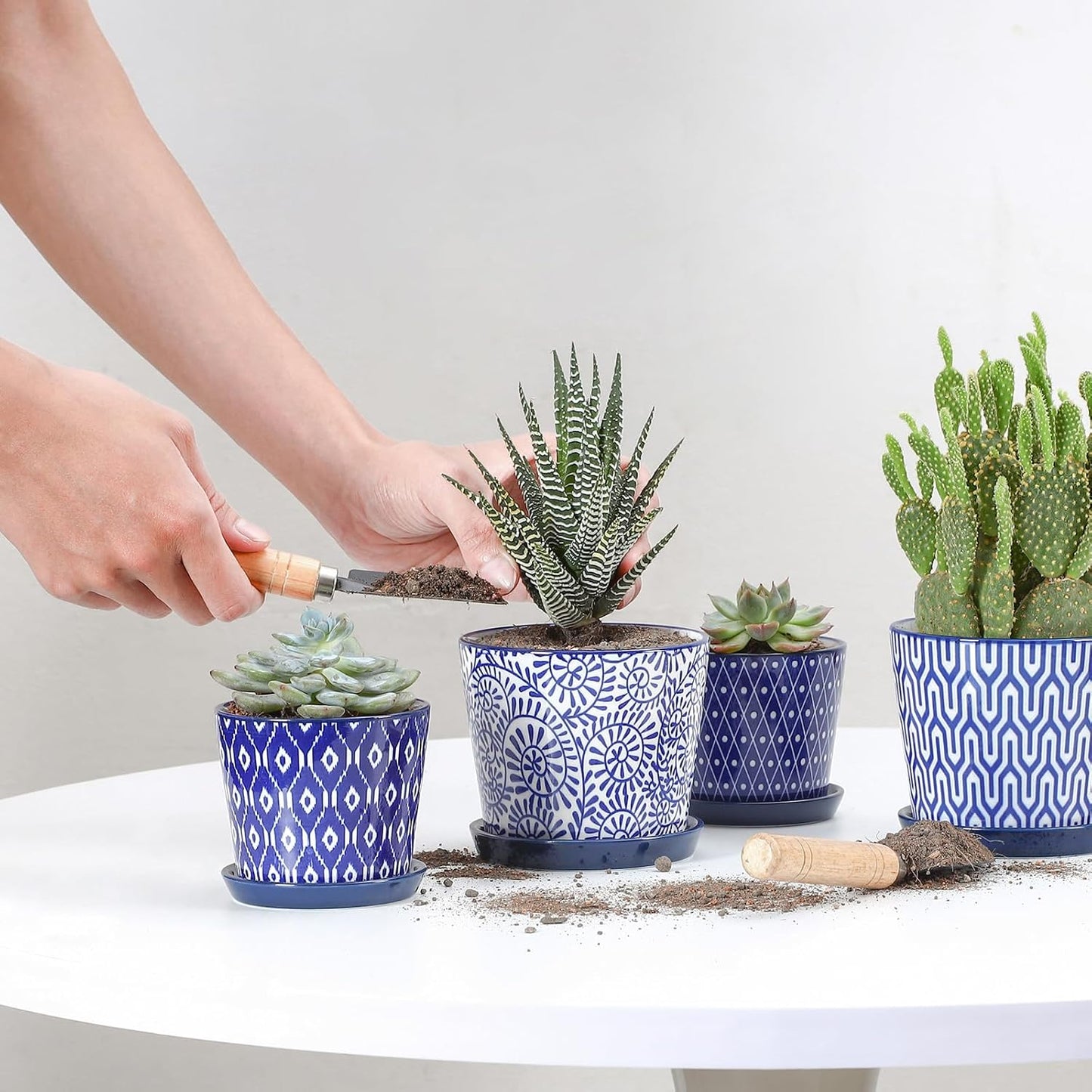 Selamica Ceramic Succulent Pots, 4.3 Inch Small Plant Pots with Drainage Holes and Saucers, Small Flower Pots for Succulent, Cactus, Home Decor, Set of 4, Vintage Blue