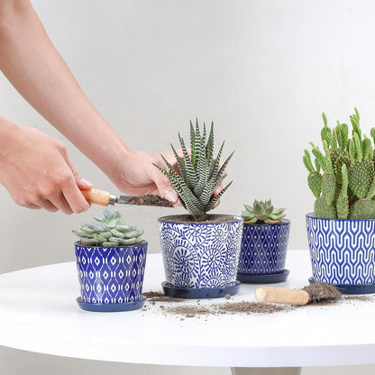 Selamica Ceramic Succulent Pots, 4.3 Inch Small Plant Pots with Drainage Holes and Saucers, Small Flower Pots for Succulent, Cactus, Home Decor, Set of 4, Vintage Blue