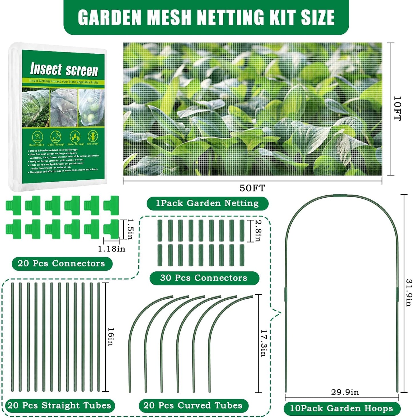 10 X 50 FT Garden Mesh Netting Kit Pest Barrier for Raised Beds, Fruit Tree Netting with 10 Sets Garden Hoops & 20 Clips for Cicadas Bird Insect, Blueberry Bush Netting Cover for Garden Protection