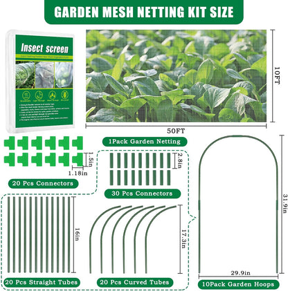 10 X 50 FT Garden Mesh Netting Kit Pest Barrier for Raised Beds, Fruit Tree Netting with 10 Sets Garden Hoops & 20 Clips for Cicadas Bird Insect, Blueberry Bush Netting Cover for Garden Protection