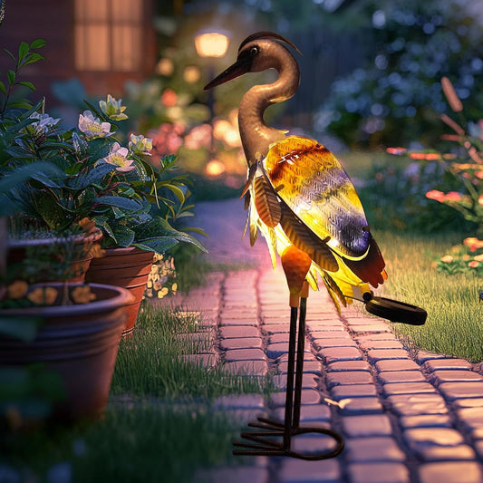HONGLAND Solar Heron Metal Crane Statue Garden Heron Sculpture, Glass Outdoor Crane Yard Art
