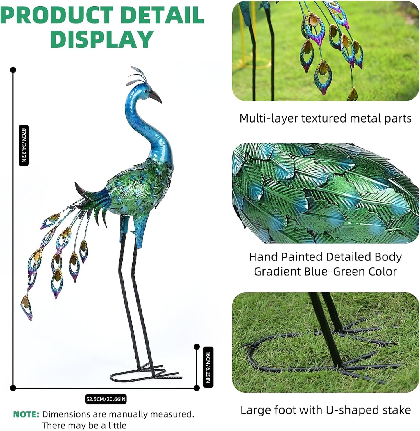 Metal Peacock Statue Yard Decor - Large Iron Peacock 34", Standing Bird Garden Sculptures, Metal Birds Yard Art Outdoor Statues, Outdoor Backyard Decor, Patio, Porch, Lawn Ornament Garden Decoration