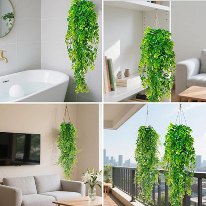 jiebor 4Pcs Fake Artificial Plastic Greenery Faux Hanging Plants Ferns Eucalyptus Vines for Bathroom Living Room Home Indoor Outdoor Office Wall Shelf Decor