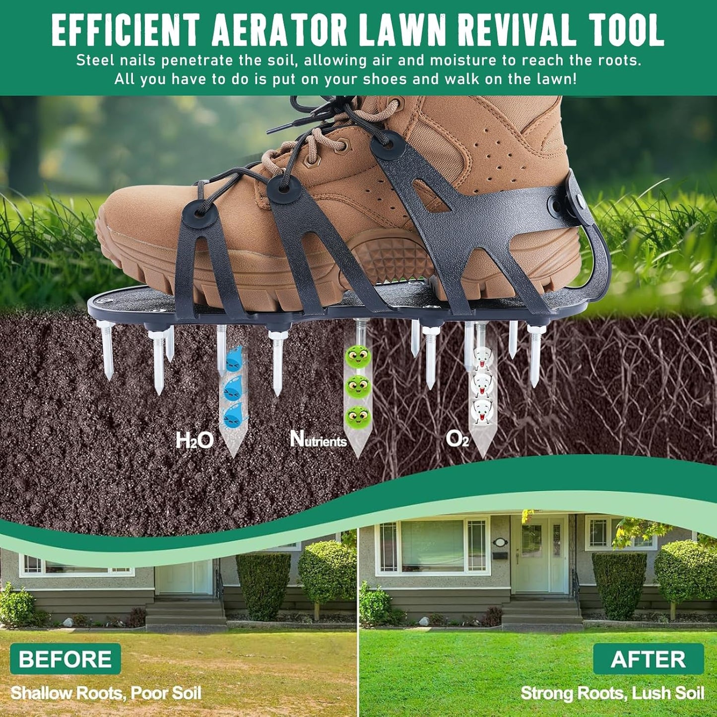 Professional Lawn Aerator Shoes with Spiked Design &Adjustable Wrap Lacing-Flexible Bendable Sole for Natural Walking,Ergonomic Gardening Tools for Professional Landscapers & Homeowners
