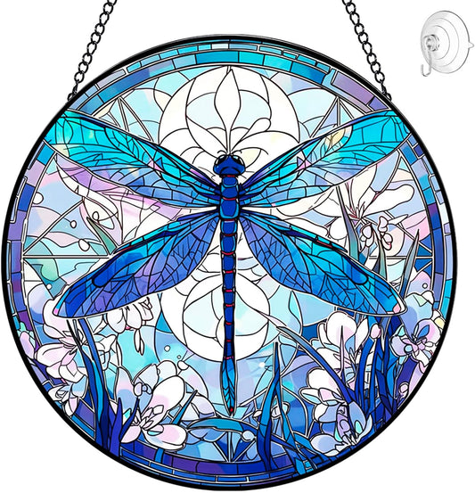Dragonfly Suncatcher Stained Glass Window Hanging - 8” Stained Glass Suncatchers for Windows - Sun