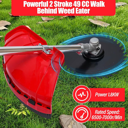 Weed Wacker, 2 Stroke 49 CC Gasoline Weed Eater, 6500-7000R/Min Hand Push Weed Wacker, 0.95L Small Weed Wacker, can Folded Rear Wheel, for Mountains, Hills, Plains, Orchards Etc