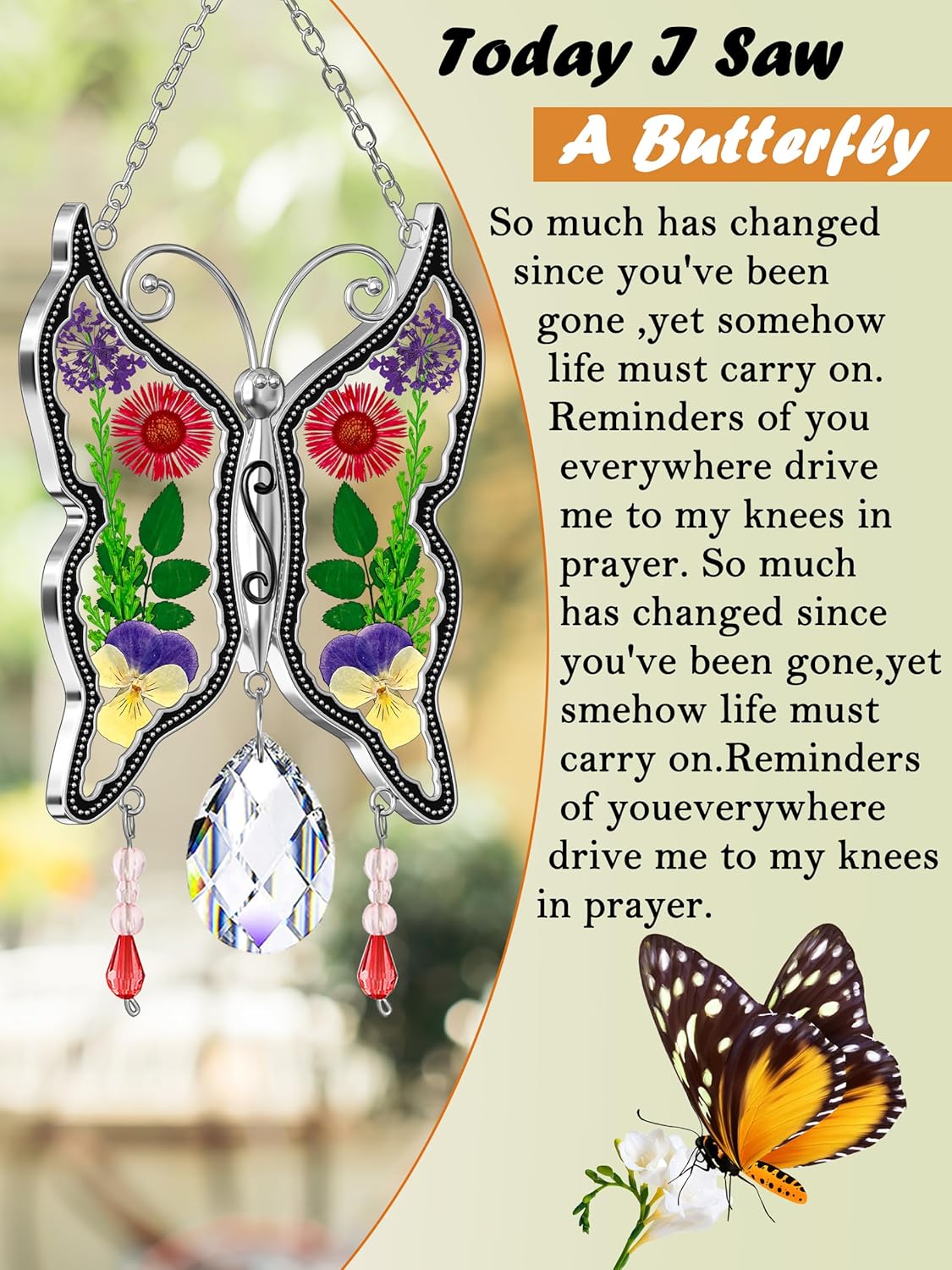 KY&BOSAM Butterfly Suncatcher Mom Gifts Stained Glass Suncatchers for Windows Hangings Wind Chime with Pressed Real Flower Wings with Crystal Charm Birthday Gifts for Mom Mother`s Day Home Decor