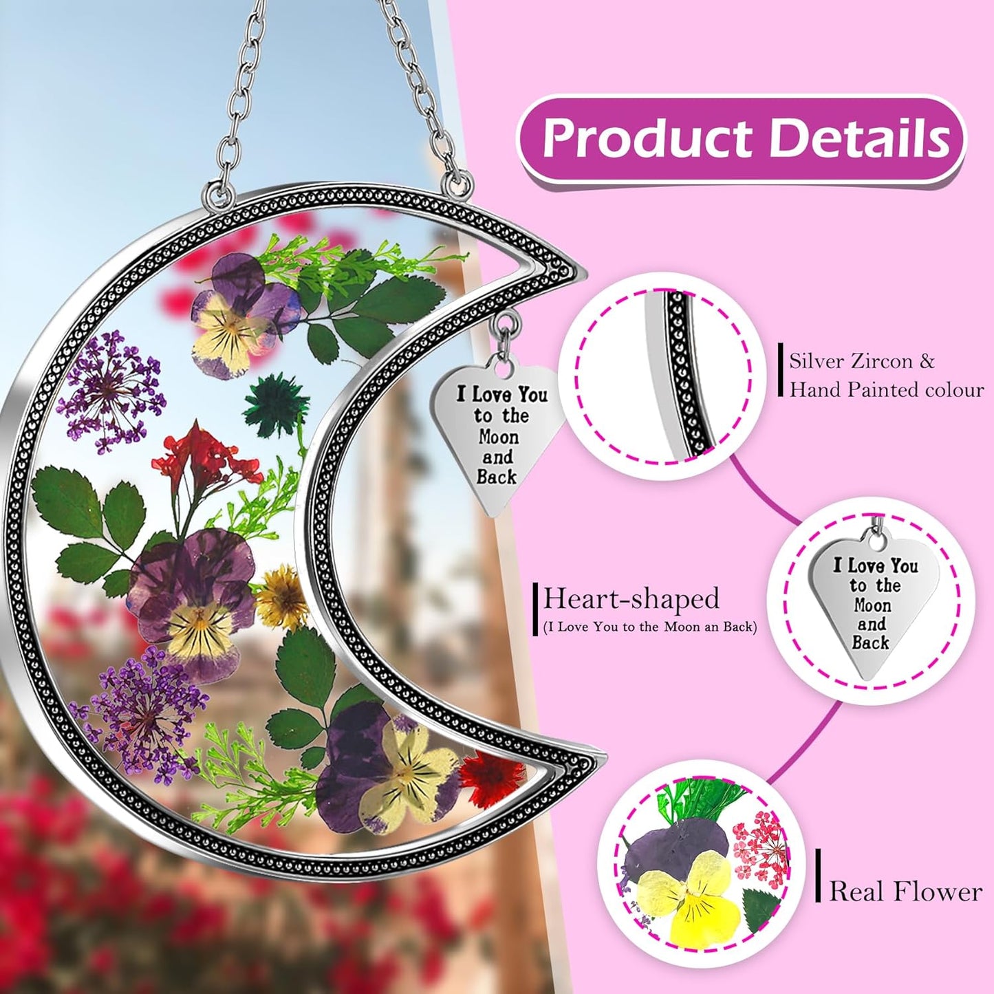 KY&BOSAM Moon Suncatcher Stained Glass for Window Hangings Wind Chime Decor with Pressed Real Flower and Metal I Love You to The Moon and Back Charm Birthday Gift for Women Mom Mother`s Day Christmas