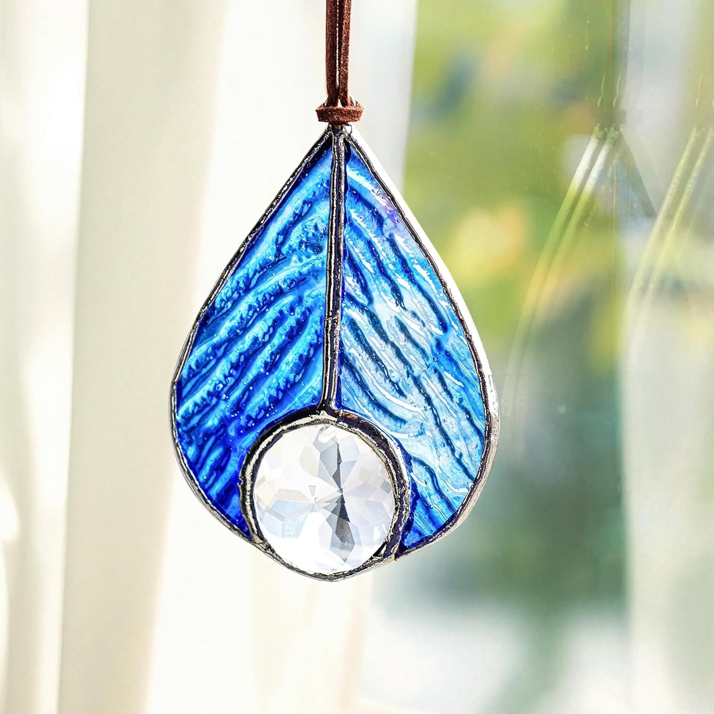 H&D HYALINE & DORA Handcrafted Stained Glass Blue Teardrop Suncatcher Panel Art Glass Sun Catcher Window Home Decor Hanging Pendant